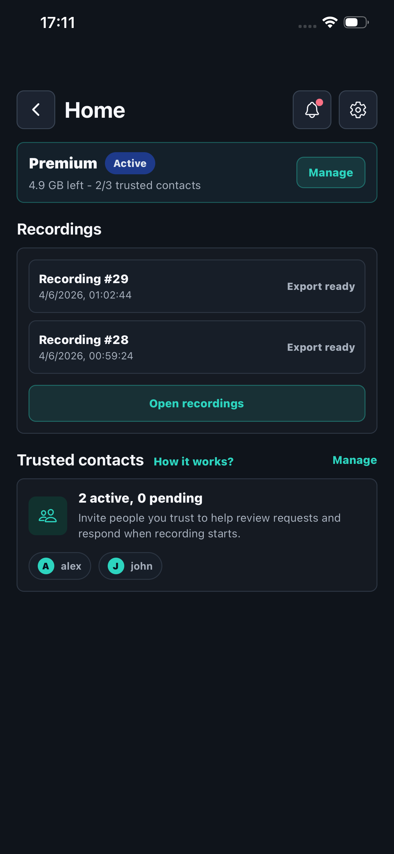 Echomitter home screen with recordings and trusted contacts
