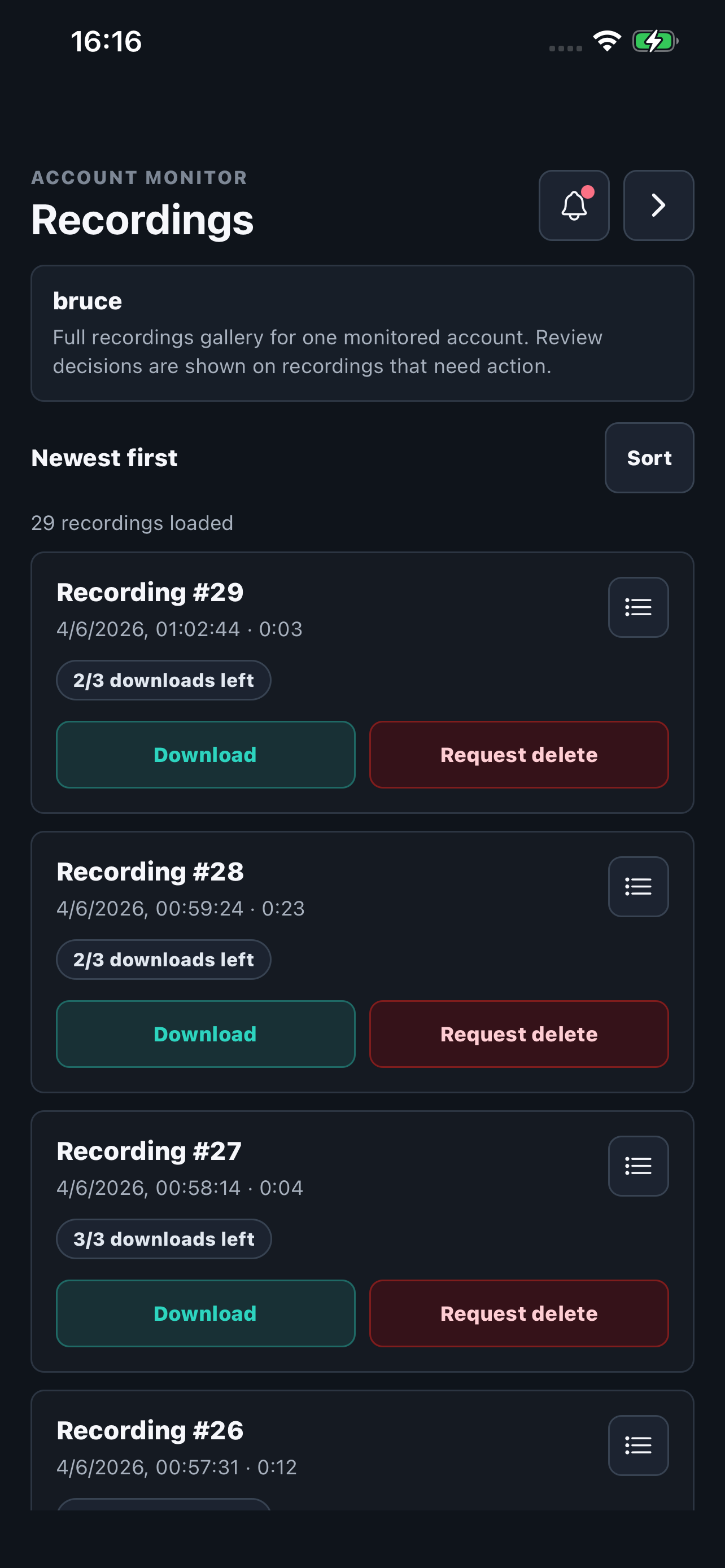 Recording list for a monitored account